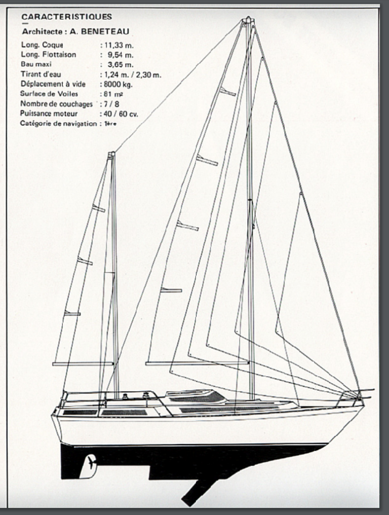 Technical drawing of the 'CALIU', a sturdy and spacious ketch oceanic sailboat from 1979, illustrating its robust design capable of comfortable sailing even on windy days. Capacity for 7 passangers plus the skipper. 12 metres long