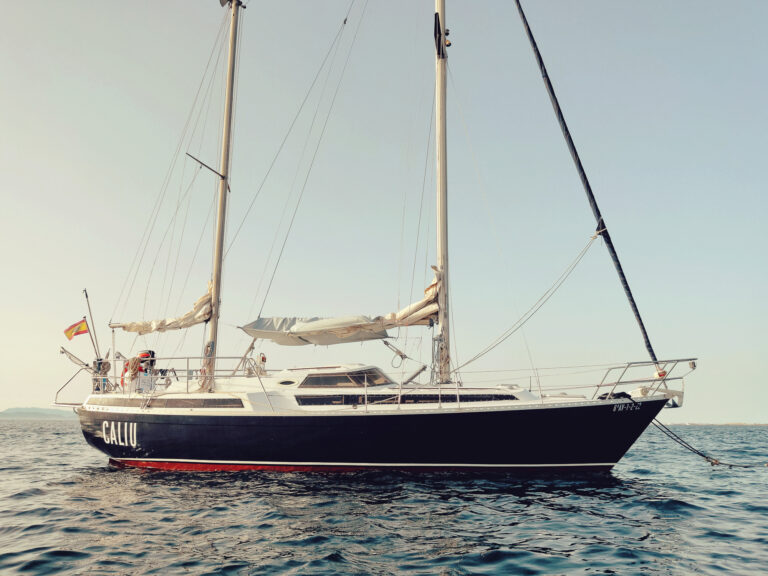 Sailing experience in Formentera with the 'CALIU', a ketch oceanic sailboat from 1979, sails gracefully on a windy day, showcasing its safe and comfortable design against the backdrop of Formentera's tranquil seascape. 7 passengers